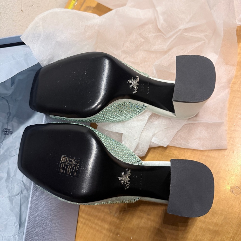Prada 1XX642 Satin Crystal Embellished Acqua Slide Heel Sandals, 36.5 - Picture 4 of 16